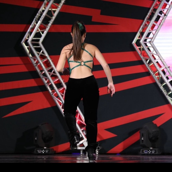 Custom Made Emerald Green Appliqué Dance Costume - Pants with Crossed Top - Picture 3 of 13